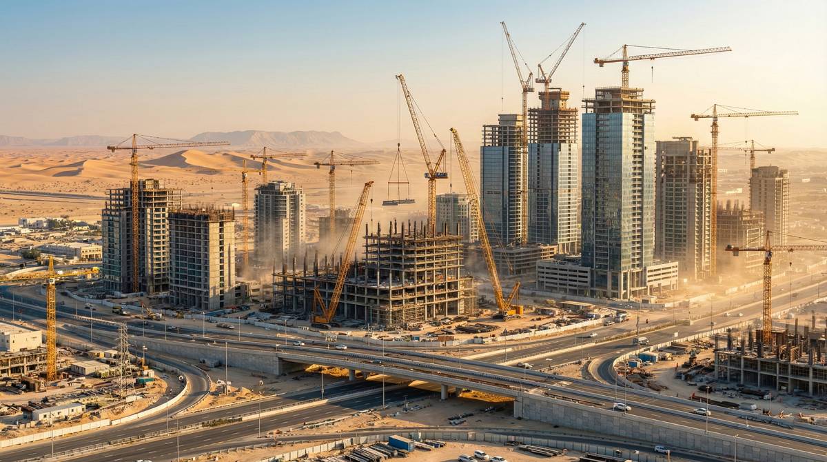Construction site with cranes in Al Dhafra desert region