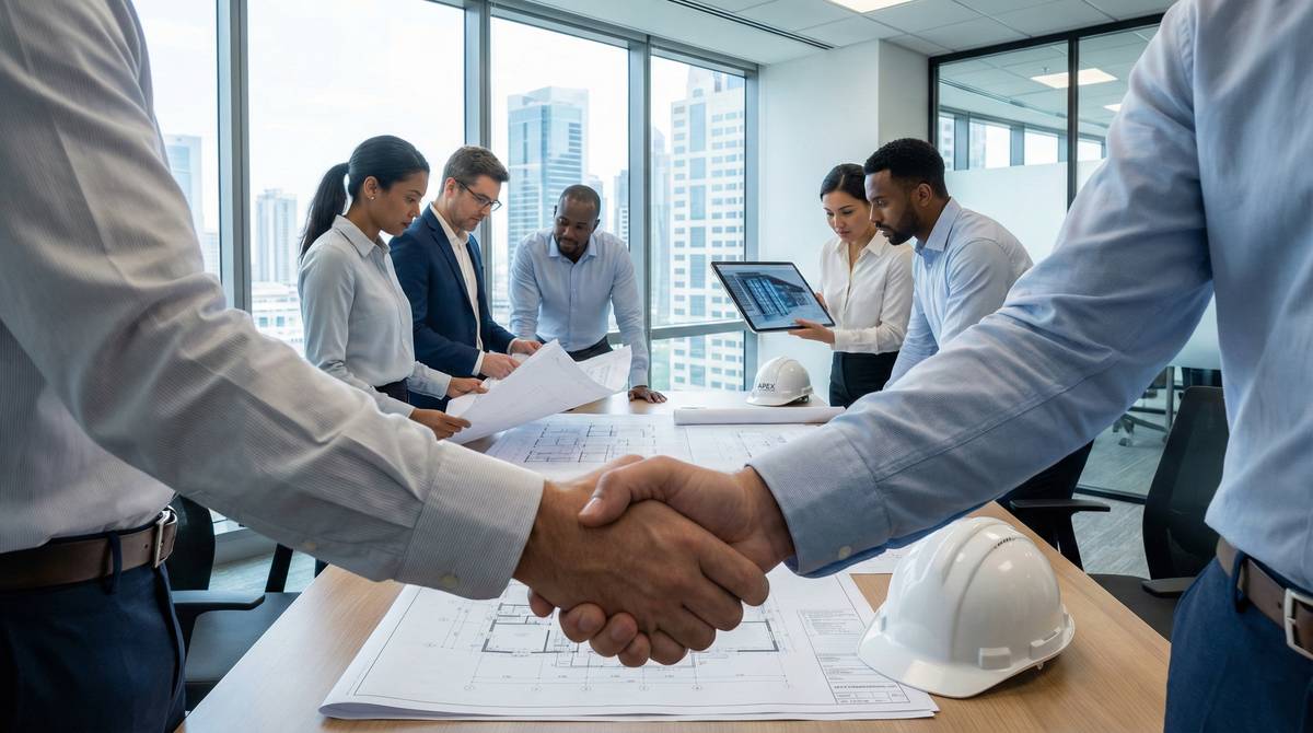 Professional team collaborating on construction approval project